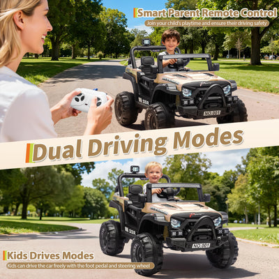 Garvee 12V Kids Electric Ride-On Car – Parent Remote Control, 3 Speeds up to 4.1MPH, Spring Suspension, Seat Harness, Locking Doors, LED Headlights, wireless Music, Battery Powered Truck Toy for Boys & Girls – Khaki