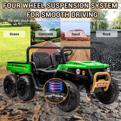 Garvee 24V 2-Seater 6-Wheel 4WD Kids Electric Dump Truck Ride-On UTV - Parental Remote, Wireless Audio Music, LED Lights, Electric Dump Bed, Shovel - Off-Road Toy for Big Kids - Green