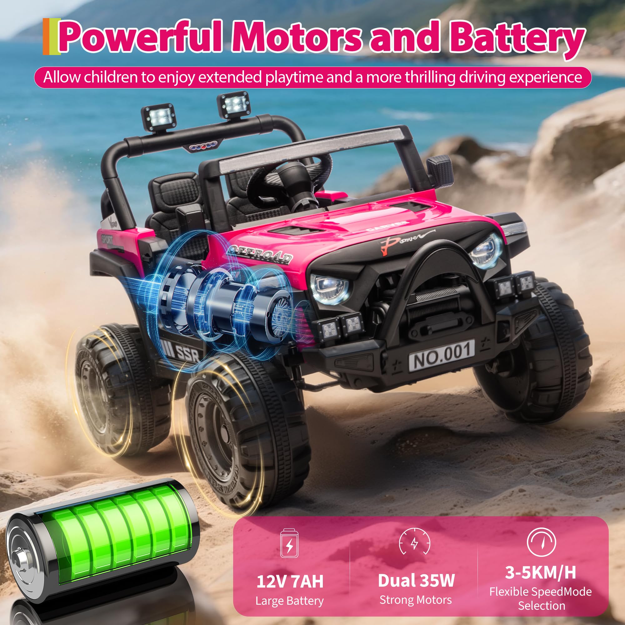 Garvee 12V Kids Ride-On Electric Car – Remote Control, 3 Speeds up to 4.1MPH, Spring Suspension, wireless Music, LED Lights, Safety Locking Doors, 3-Point Harness, Battery Powered Toy for Toddlers Ages 3-5 – Rose Red