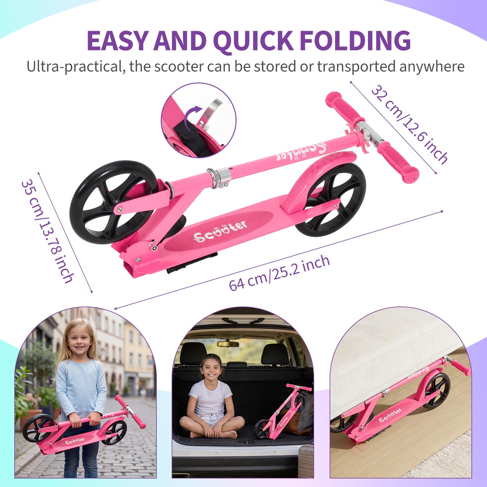 Garvee Kick Scooter for Teens Adults Kids 6+ - 220LB Capacity, 3-Level Adjustable Handlebar, Aluminum Alloy, Foldable, 8" Wheels, Outdoor Sports, Hot Pink