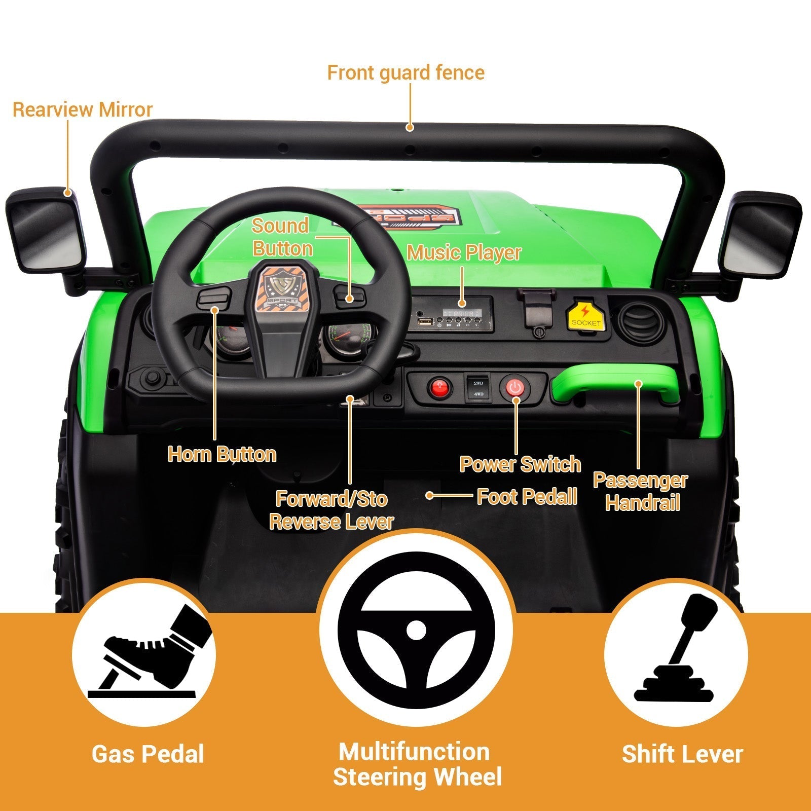 Garvee 24V 2-Seater 6-Wheel 4WD Kids Electric Dump Truck Ride-On UTV - Parental Remote, Wireless Audio Music, LED Lights, Electric Dump Bed, Shovel - Off-Road Toy for Big Kids - Green