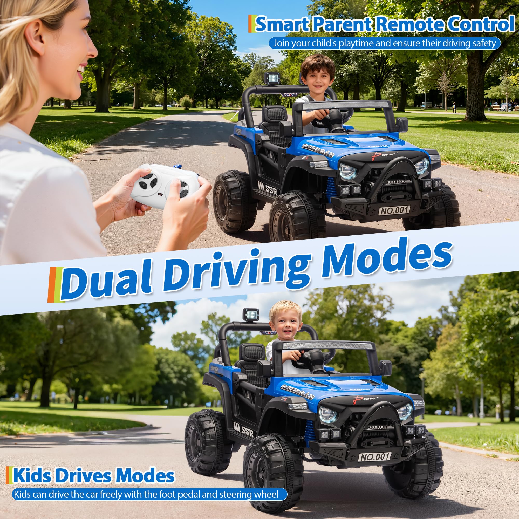 Garvee 12V Kids Electric Ride-On Car – Parent Remote Control, 3-Point Harness, Locking Doors, Spring Suspension, wireless Music, LED Lights, 3 Speeds up to 4.1MPH, Battery Powered Toy Vehicle for Toddlers Boys Girls – Blue