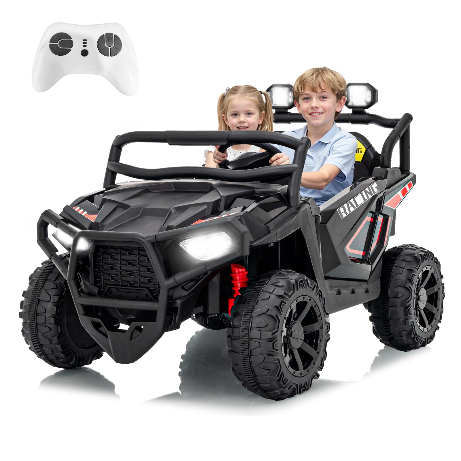 Garvee 24V 2-Seater Electric UTV Ride-On Truck for Kids Ages 2-8 – Battery Powered, Remote Control, 4-Wheel Suspension, Gradual Power-Up, 3 Speeds, LED Lights, Wireless – Black