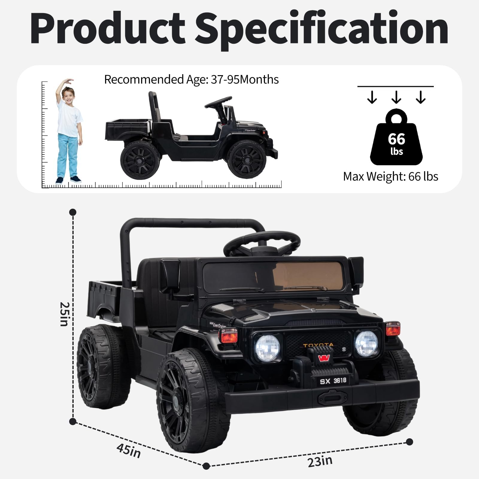 Garvee Licensed Toyota 12V 4WD Kids Electric Ride-On Pickup Truck – Battery Powered, Remote Control, wireless, LED Lights, Suspension, Soft Braking, Truck Bed Storage – For Toddlers & Big Kids – Black