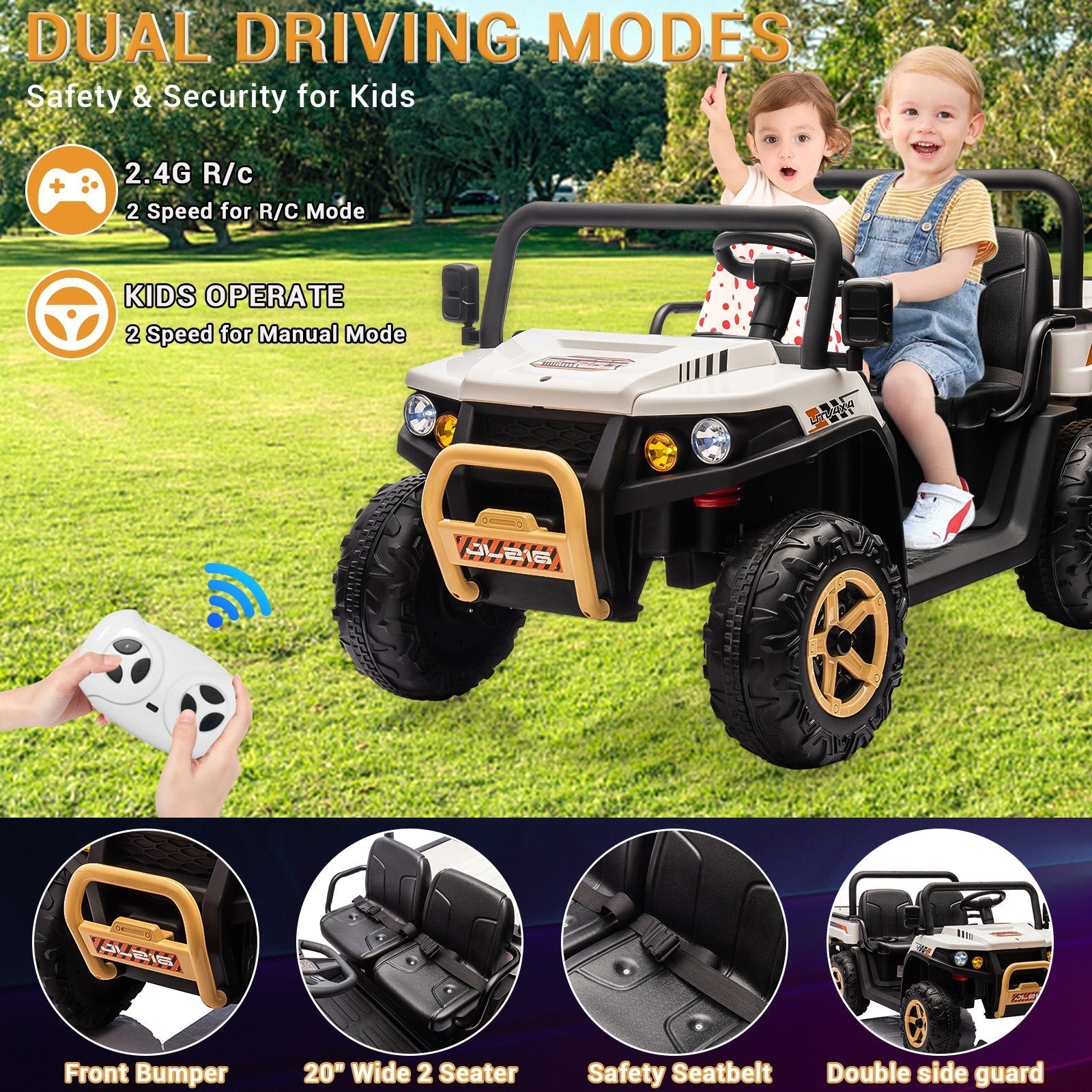 Garvee 24V 2-Seater 6-Wheel 4WD Kids Ride-On UTV Dump Truck - Parent Remote Control, Wireless Audio Music, LED Lights, Electric Dump Bed, Shovel - Electric Ride-On Car for Big Kids - White