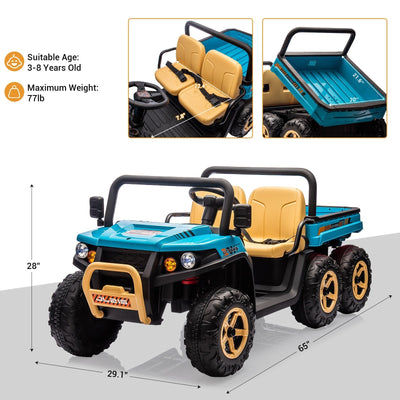 Garvee 24V 2-Seater 6-Wheel 4WD Kids Ride-On Dump Truck UTV - Parent Remote, Wireless Audio Music, LED Lights, Dump Bed, Shovel - Electric Car Toy for Big Kids - Blue