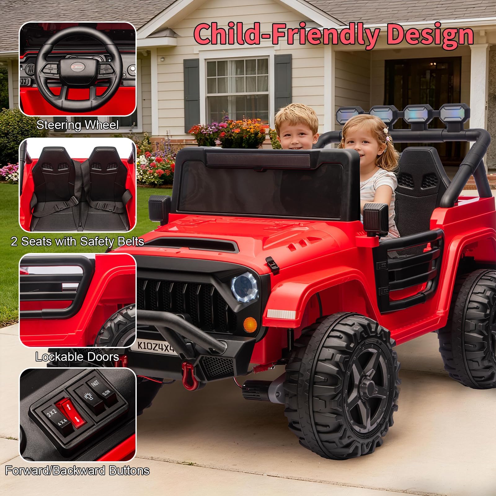 Garvee 24V 2-Seater Electric Ride On Truck for Big Kids – Parental Remote Control – 4-Wheel Suspension – 3 Speeds – LED Lights – Wireless Audio & MP3 Player – Standard Test Method/CPSIA Certified – Red