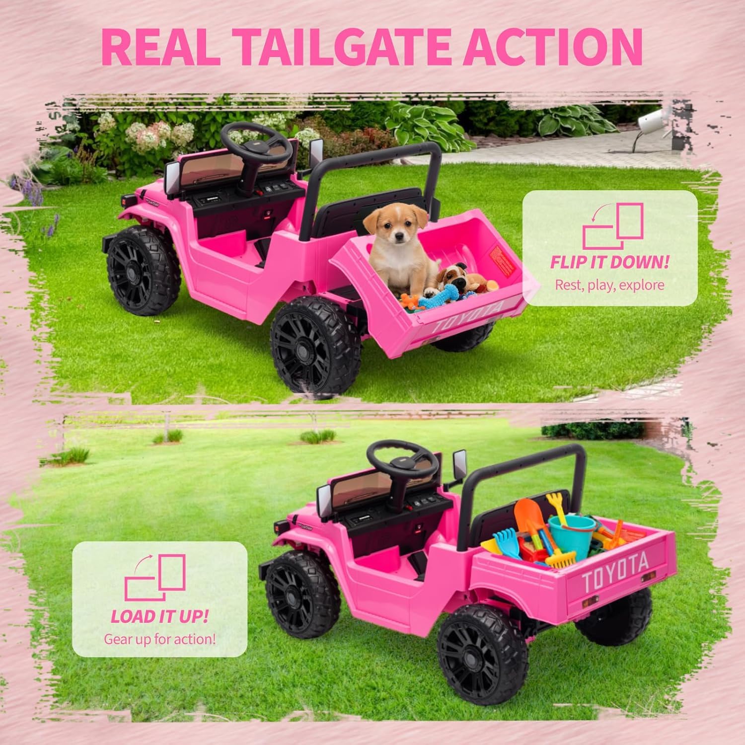 Garvee Licensed Toyota 12V 4WD Kids Ride-On Pickup Truck – Battery Powered Electric Car, Remote Control, wireless, LED Lights, Suspension, Soft Braking, Truck Bed Storage – For Toddlers & Big Kids – Pink