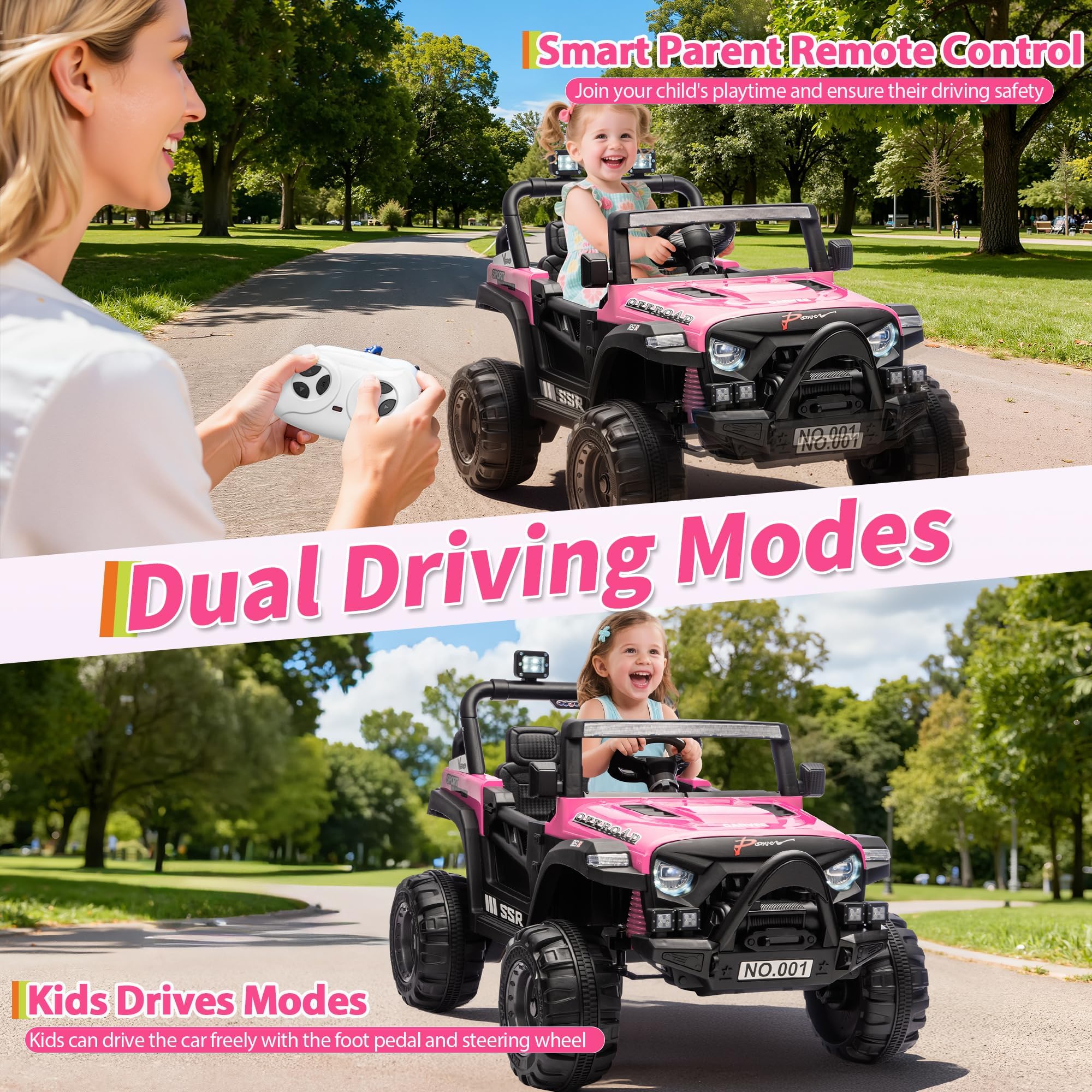Garvee 12V Kids Electric Ride-On Truck – Parent Remote Control, 3 Speeds up to 4.1MPH, Spring Suspension, wireless Music, LED Headlights, Battery Powered Car Toy for Boys and Girls Ages 3-8 – Pink