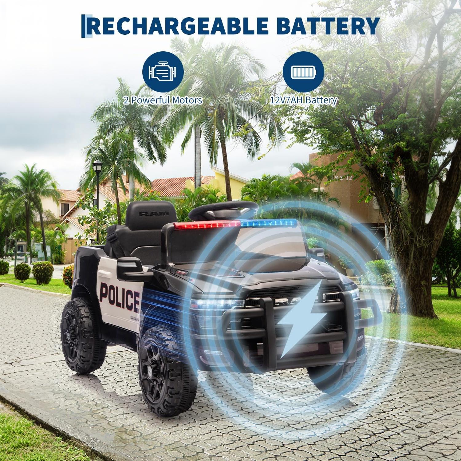 Garvee Kids Ride On Police Car 12V Electric Remote Control Spring Suspension LED Lights Music Toddlers Boys Girls Outdoor Play