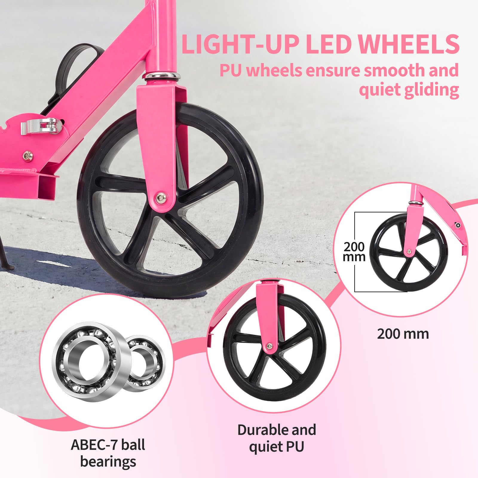 Garvee Kick Scooter for Teens Adults Kids 6+ - 220LB Capacity, 3-Level Adjustable Handlebar, Aluminum Alloy, Foldable, 8" Wheels, Outdoor Sports, Hot Pink