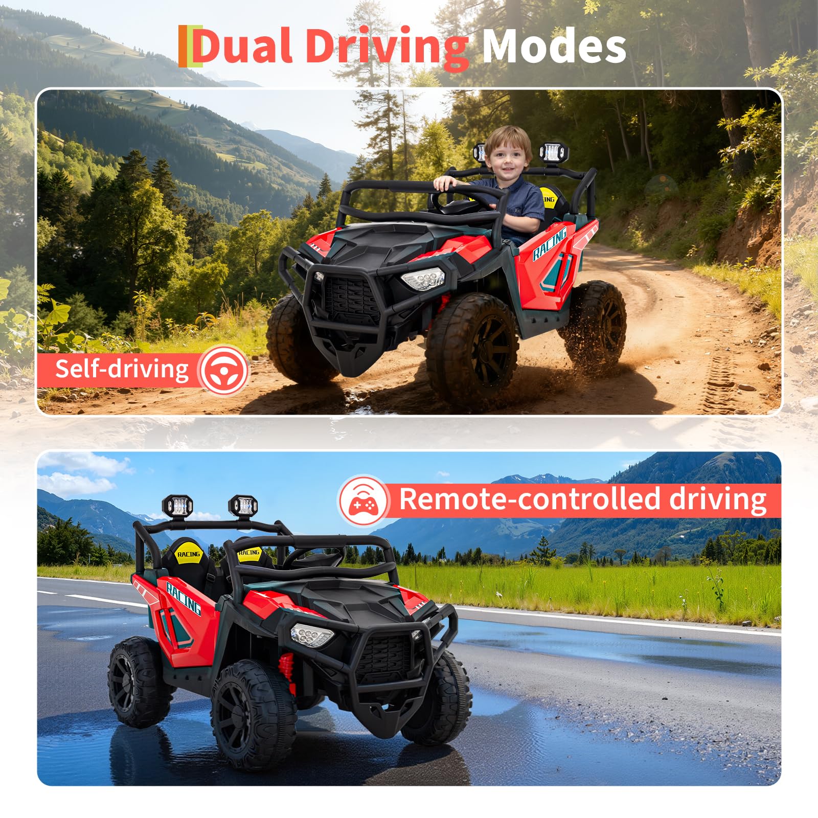 Garvee 24V 2-Seater Electric UTV Ride-On Truck for Kids Ages 2-8 – Battery Powered, Remote Control, 4-Wheel Suspension, Gradual Power-Up, 3 Speeds, LED Lights, Wireless – Red