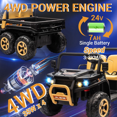 Garvee 24V 2-Seater 6-Wheel 4WD Kids Electric Dump Truck UTV - Remote Control, Wireless Audio Music, LED Lights, Shovel, Electric Dump Bed - Ride-On Car Toy for Boys & Girls - Black