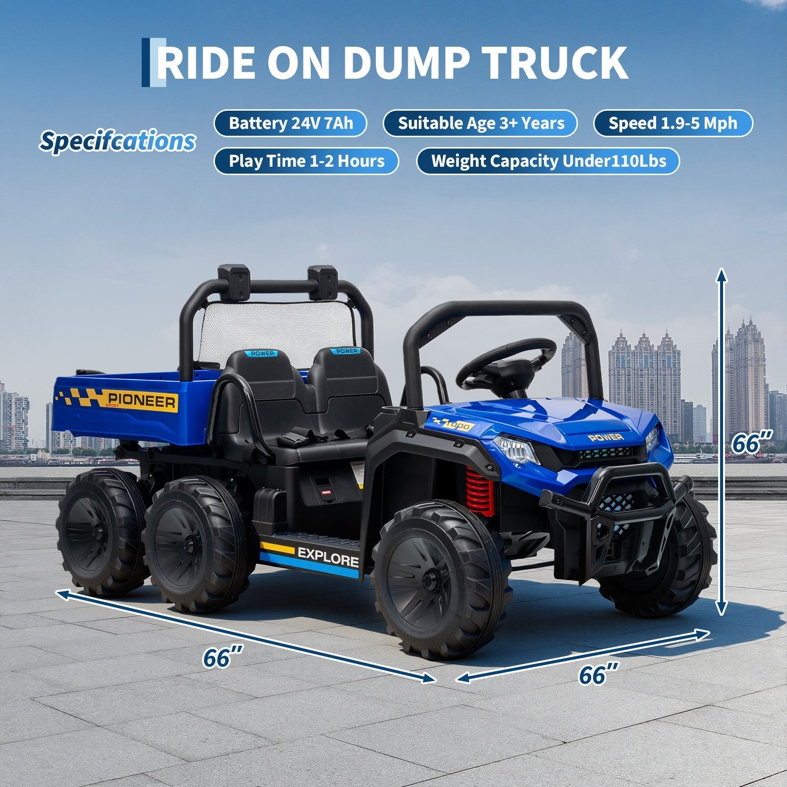 Garvee 24V 4WD Electric Ride on Dump Truck for Kids, 2 Seater with Remote Control, Dump Bed, 3 Speed Modes, Music Player, All-Terrain Off-Road Vehicle Toy for Boys & Girls