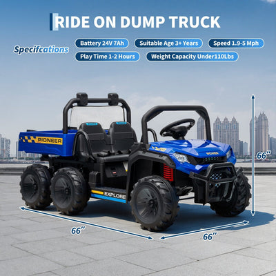 Garvee 24V 4WD Electric Ride on Dump Truck for Kids, 2 Seater with Remote Control, Dump Bed, 3 Speed Modes, Music Player, All-Terrain Off-Road Vehicle Toy for Boys & Girls