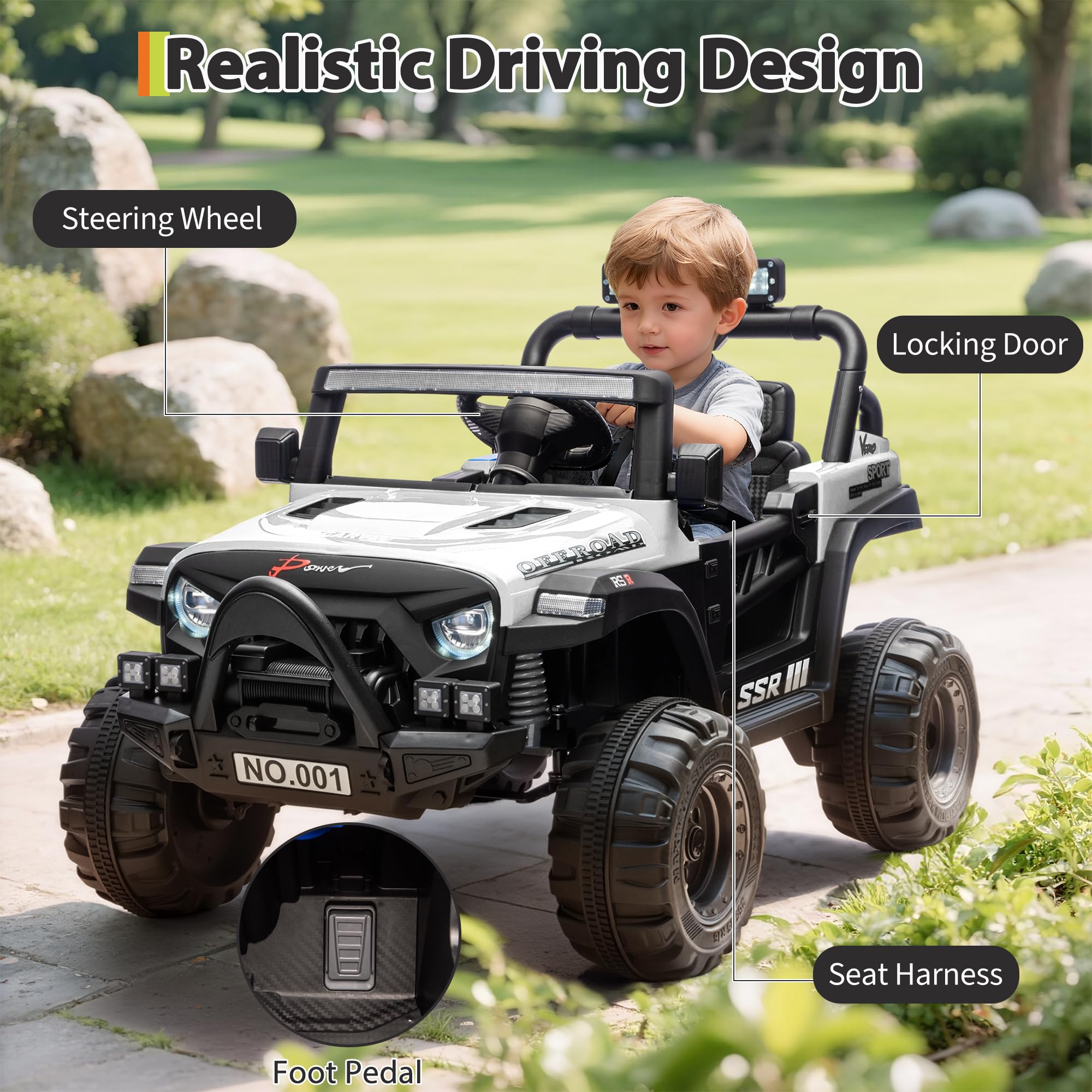 Garvee 12V Kids Electric Ride-On Car – Parent Remote Control, 3 Speeds, Safety Locking Doors, 3-Point Harness, Spring Suspension, wireless Music, LED Lights, Anti-Slip Tires, Foot Brake, Battery Powered Toy for Ages 3-5 – White