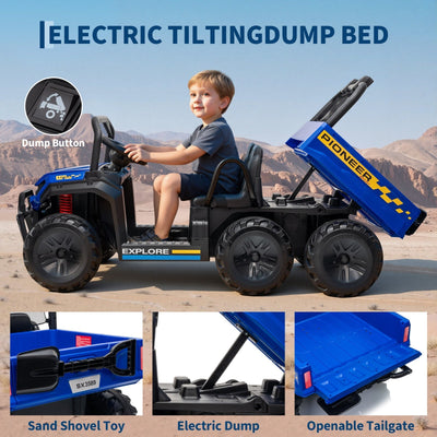 Garvee 24V 4WD Electric Ride on Dump Truck for Kids, 2 Seater with Remote Control, Dump Bed, 3 Speed Modes, Music Player, All-Terrain Off-Road Vehicle Toy for Boys & Girls