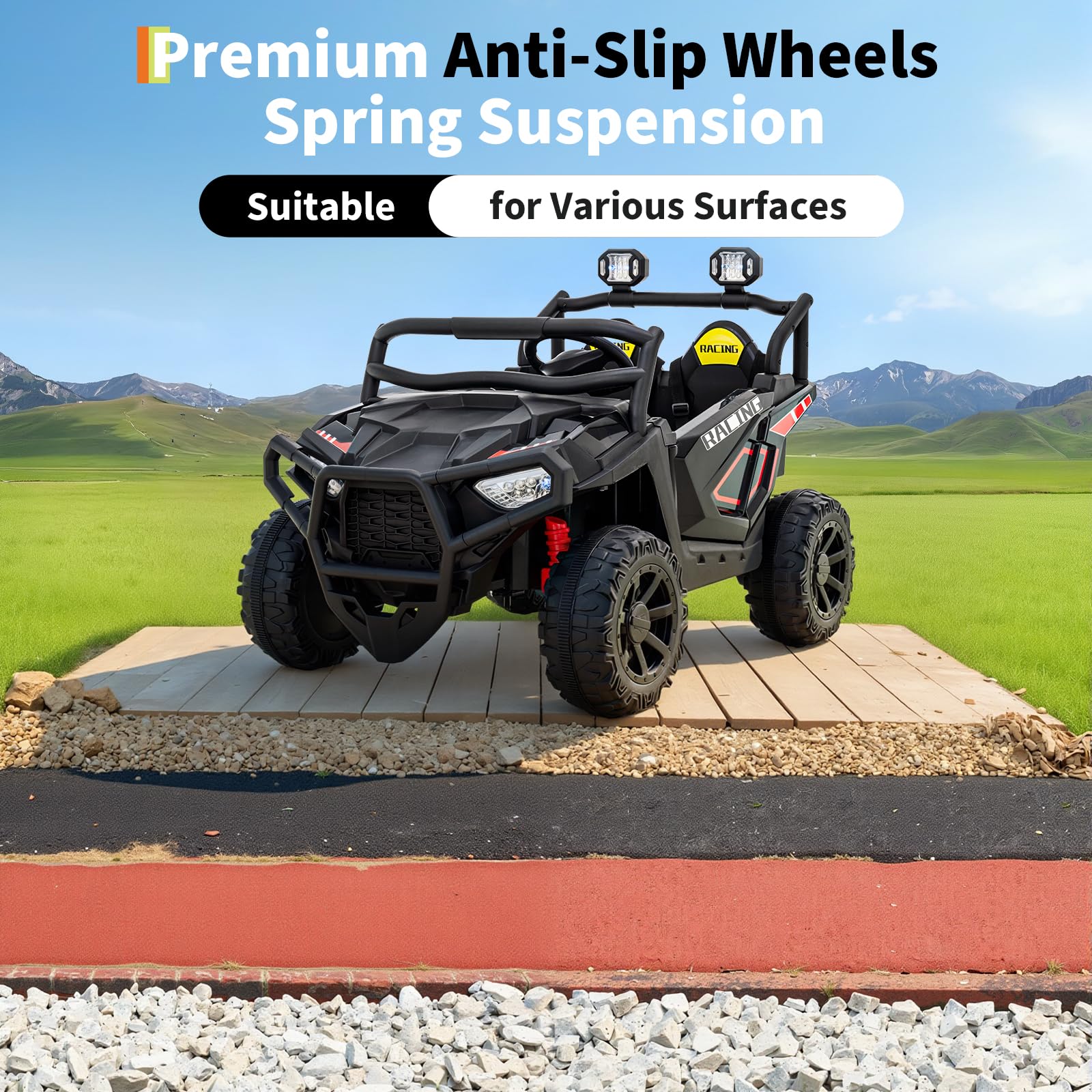 Garvee 24V 2-Seater Electric UTV Ride-On Truck for Kids Ages 2-8 – Battery Powered, Remote Control, 4-Wheel Suspension, Gradual Power-Up, 3 Speeds, LED Lights, Wireless – Black