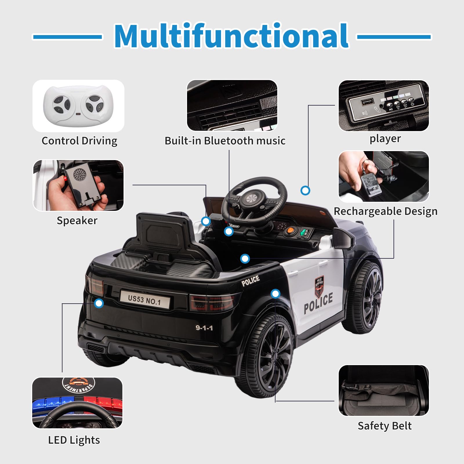 Garvee Kids Electric Police Car Ride-On 12V 4.5Ah Battery Dual 35W Motors LED Lights Bluetooth Speaker Remote Control White/Black Indoor Outdoor