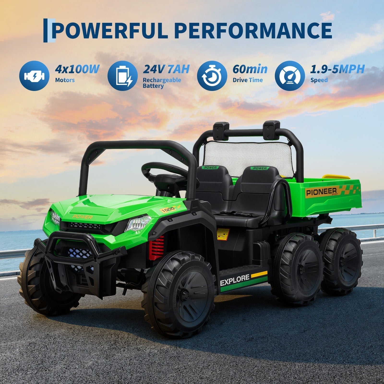 Garvee 24V 4WD Electric Ride on Dump Truck for Kids, 2 Seater with Remote Control, Dump Bed, 3 Speed Modes, Music Player, All-Terrain Off-Road Vehicle Toy for Boys & Girls