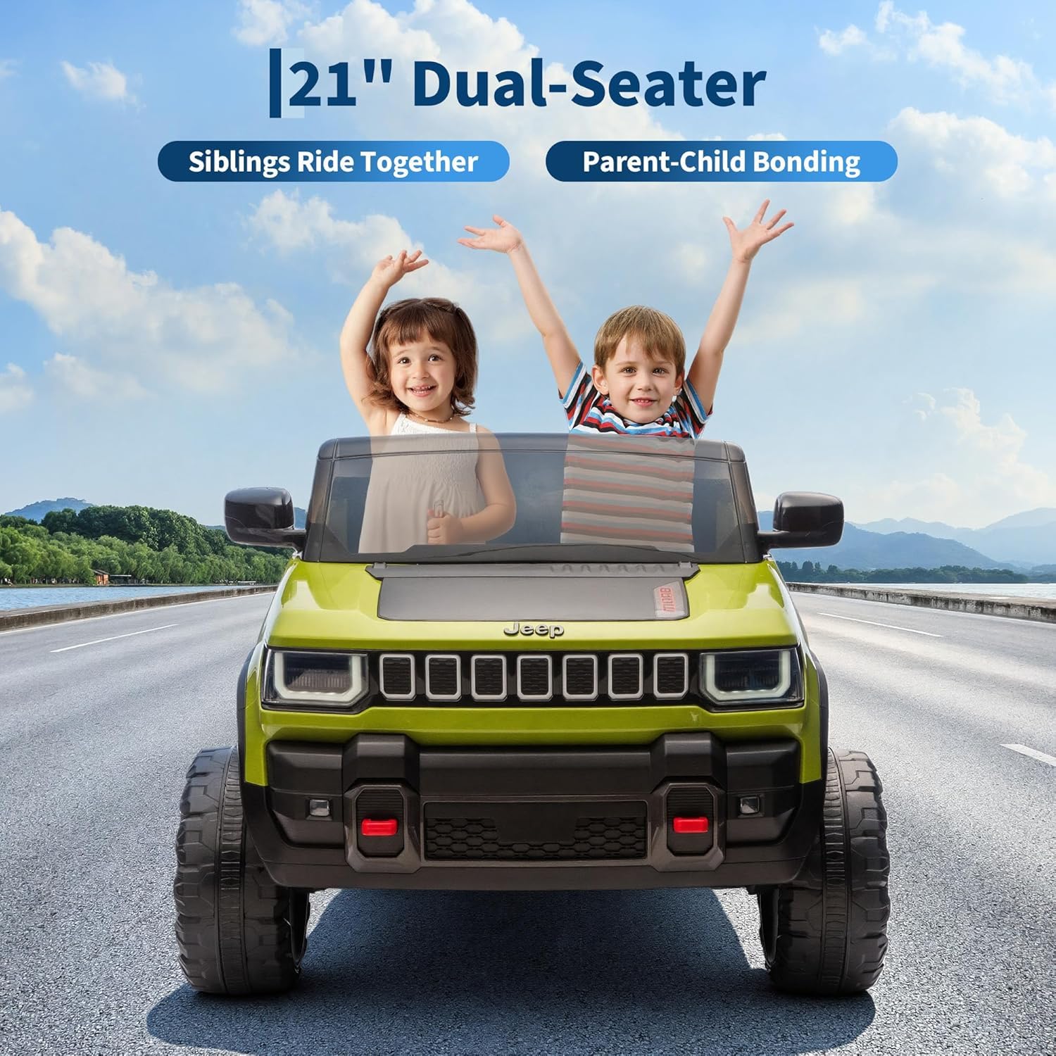 Garvee 24V 2-Seater Electric Ride-On Truck for Kids Ages 3-8 – Licensed 4WD Battery Car with Parental Remote, 3 Speeds, Wireless Connection Music, LED Lights, Gradual Start – Ideal Gift Vehicle for Boys & Girls – Army Green