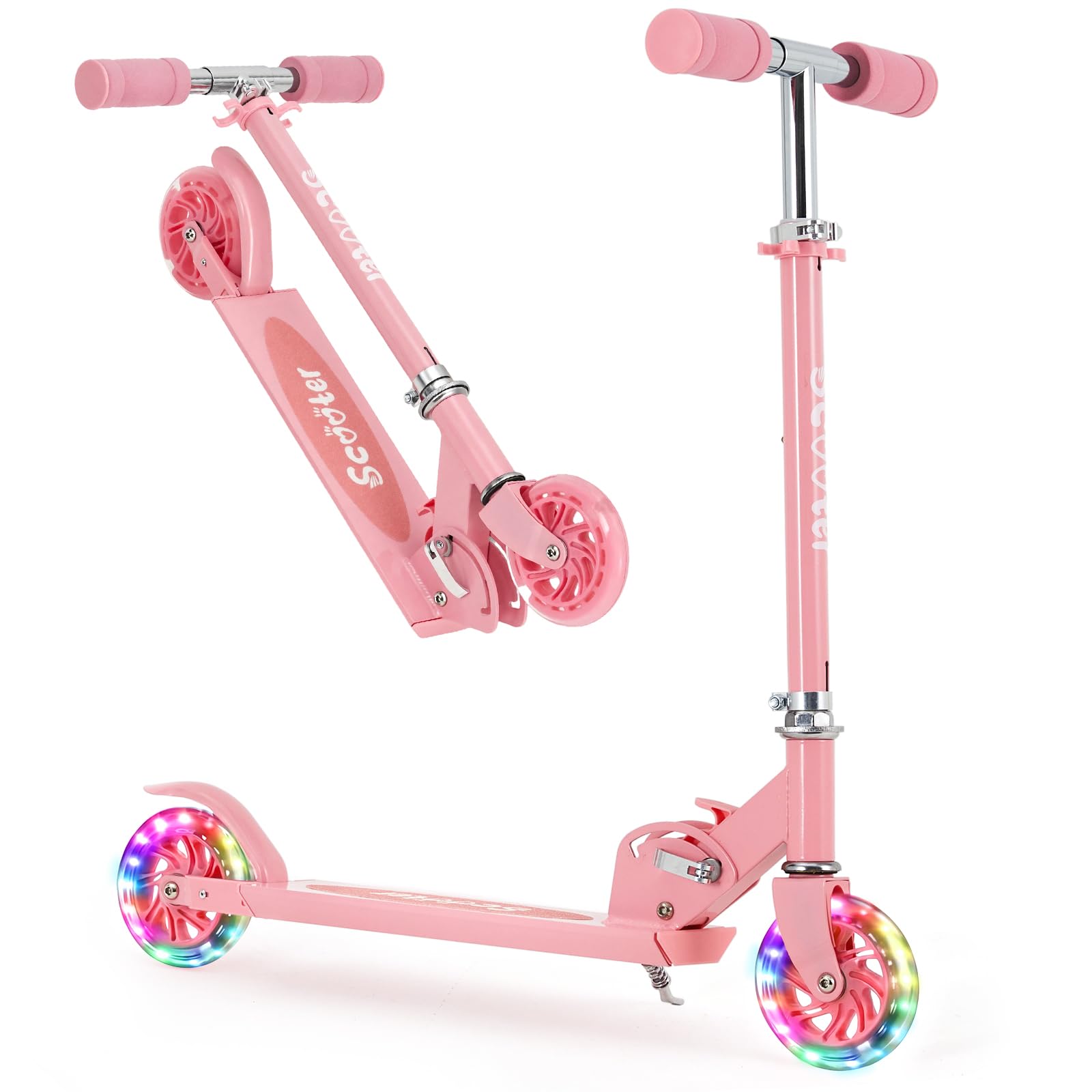 Garvee Kick Scooter for Kids with LED RGB Lighted Wheels, Lightweight & Detachable, Aluminum Frame, Anti-Slip Deck, Adjustable Handlebars, Pink, Ages 3+