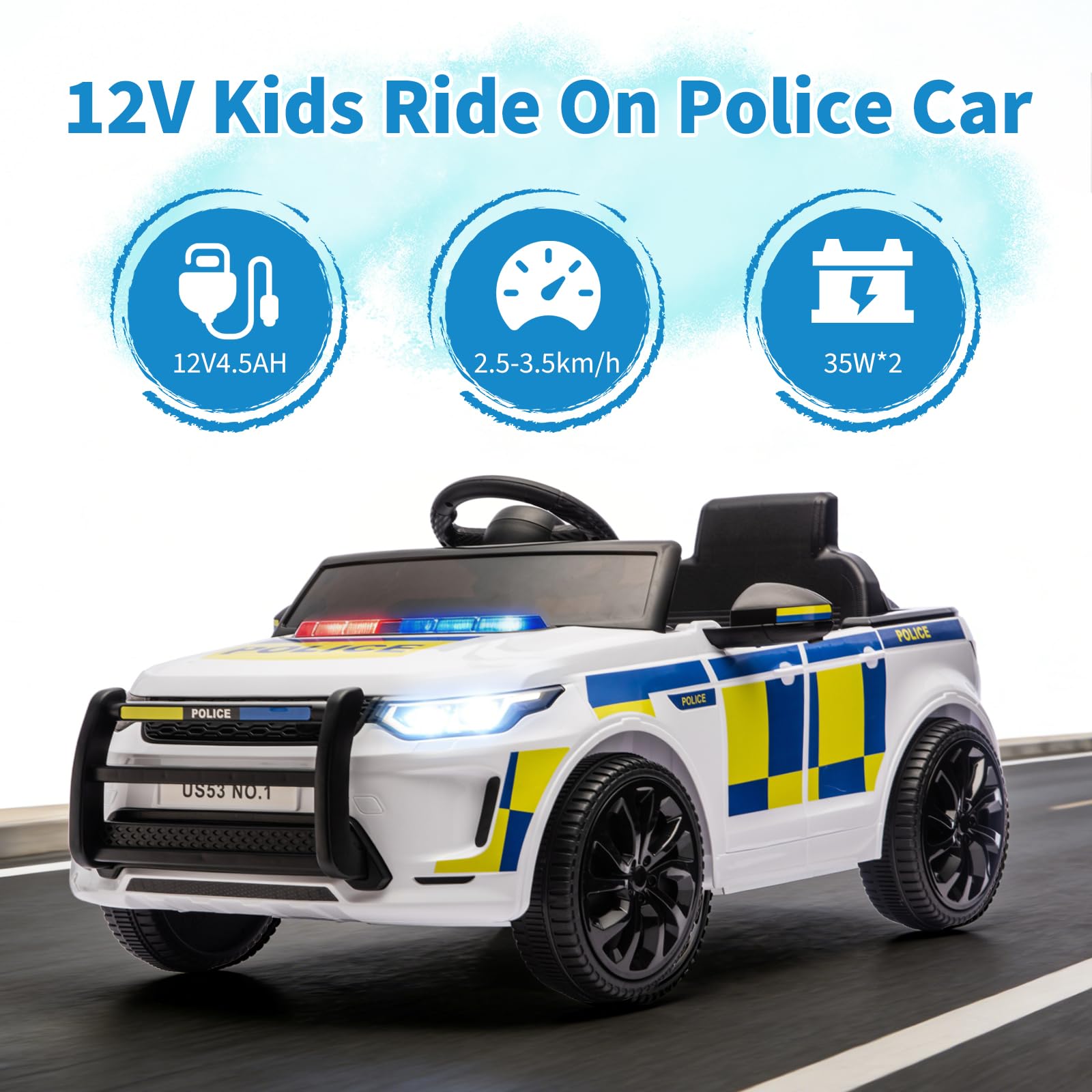 Garvee Kids Police Ride-On Car 12V Dual-Motor, Bluetooth, LED Lights, Safety Belt, Anti-Rollover Tires, White/Black, Outdoor Adventure Toy