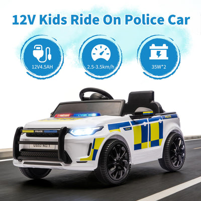 Garvee Kids Police Ride-On Car 12V Dual-Motor, Bluetooth, LED Lights, Safety Belt, Anti-Rollover Tires, White/Black, Outdoor Adventure Toy