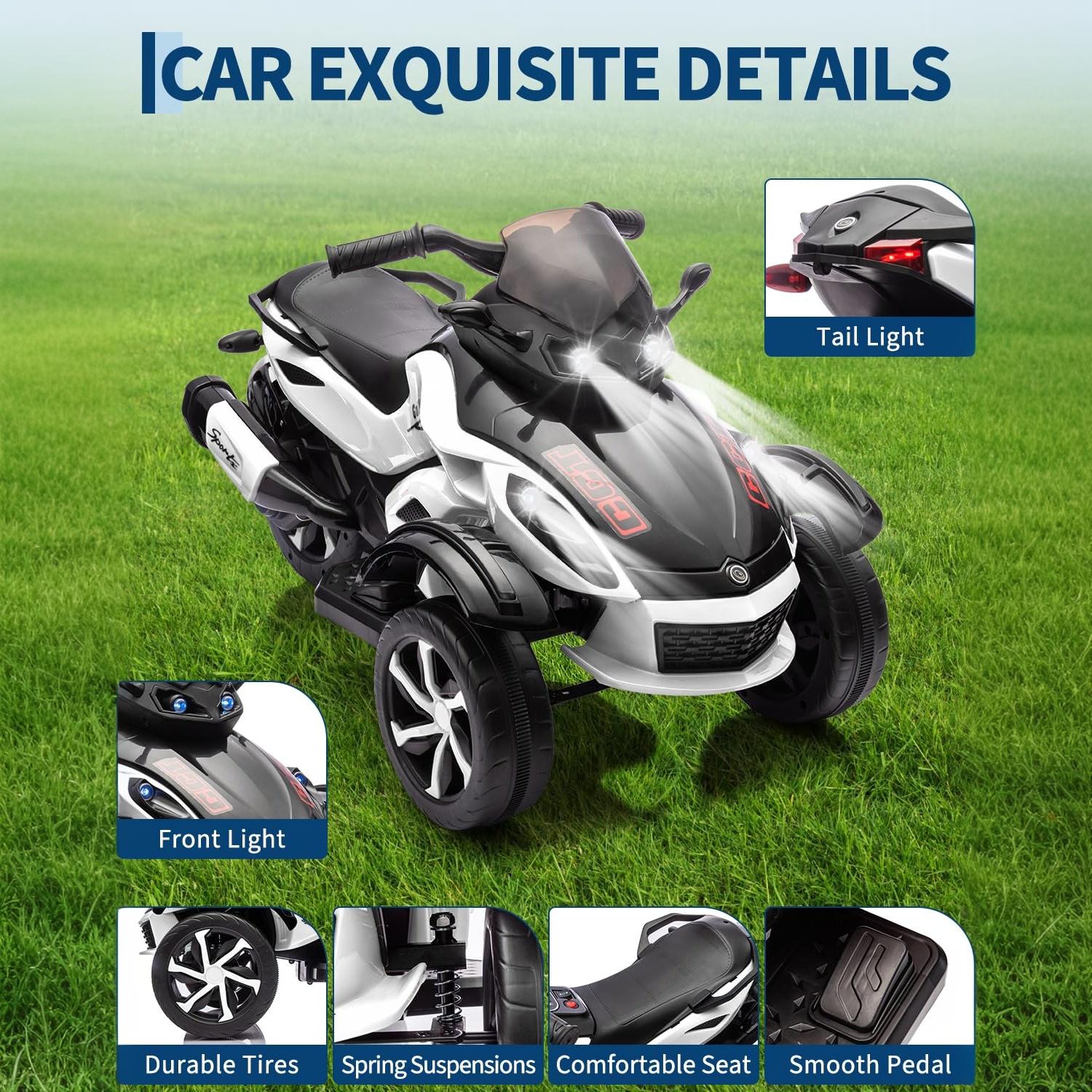 Garvee 12V Dual Motor Kids Electric Ride-On Car & 3-Wheel ATV – 4 MPH, Treaded Tires, LED Lights & Music, 66 lbs Capacity, Outdoor Battery Powered Vehicle for Boys & Girls Ages 3-8 – White
