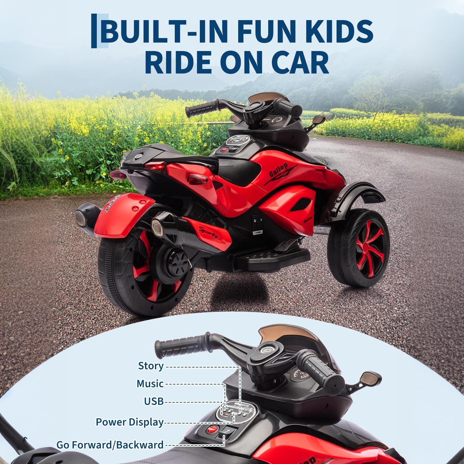 Garvee 12V Dual Motor Kids Electric Ride-On Car & 3-Wheeler ATV – 4 MPH, LED Lights & Music, 66 lbs Capacity, Outdoor Battery Powered Vehicle for Boys & Girls Ages 3-8 – Red