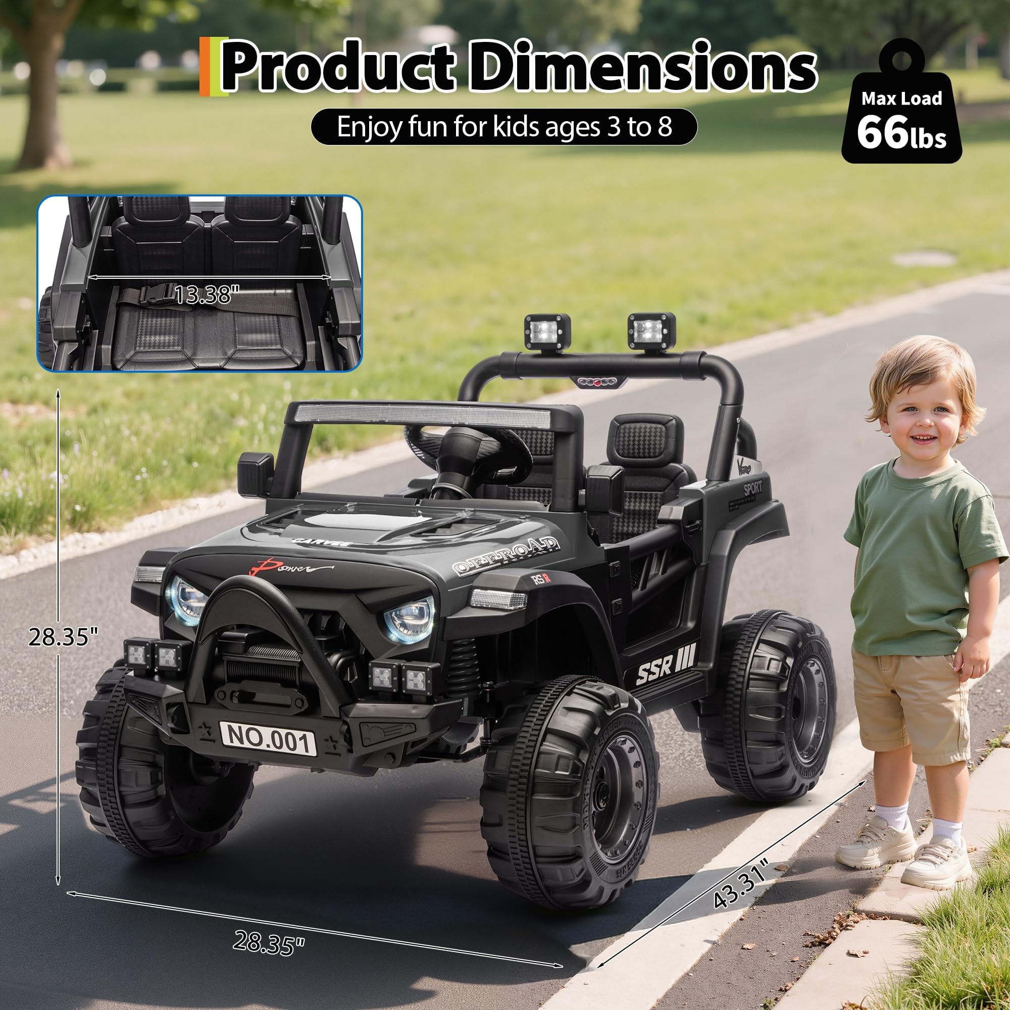 Garvee 12V Kids Ride-On Electric Truck – Parent Remote Control, 3 Speeds up to 4.1MPH, Spring Suspension, LED Lights, wireless Music, Safety Locking Doors, 3-Point Harness, All-Terrain Battery Powered Toy for Ages 3-5 – Black