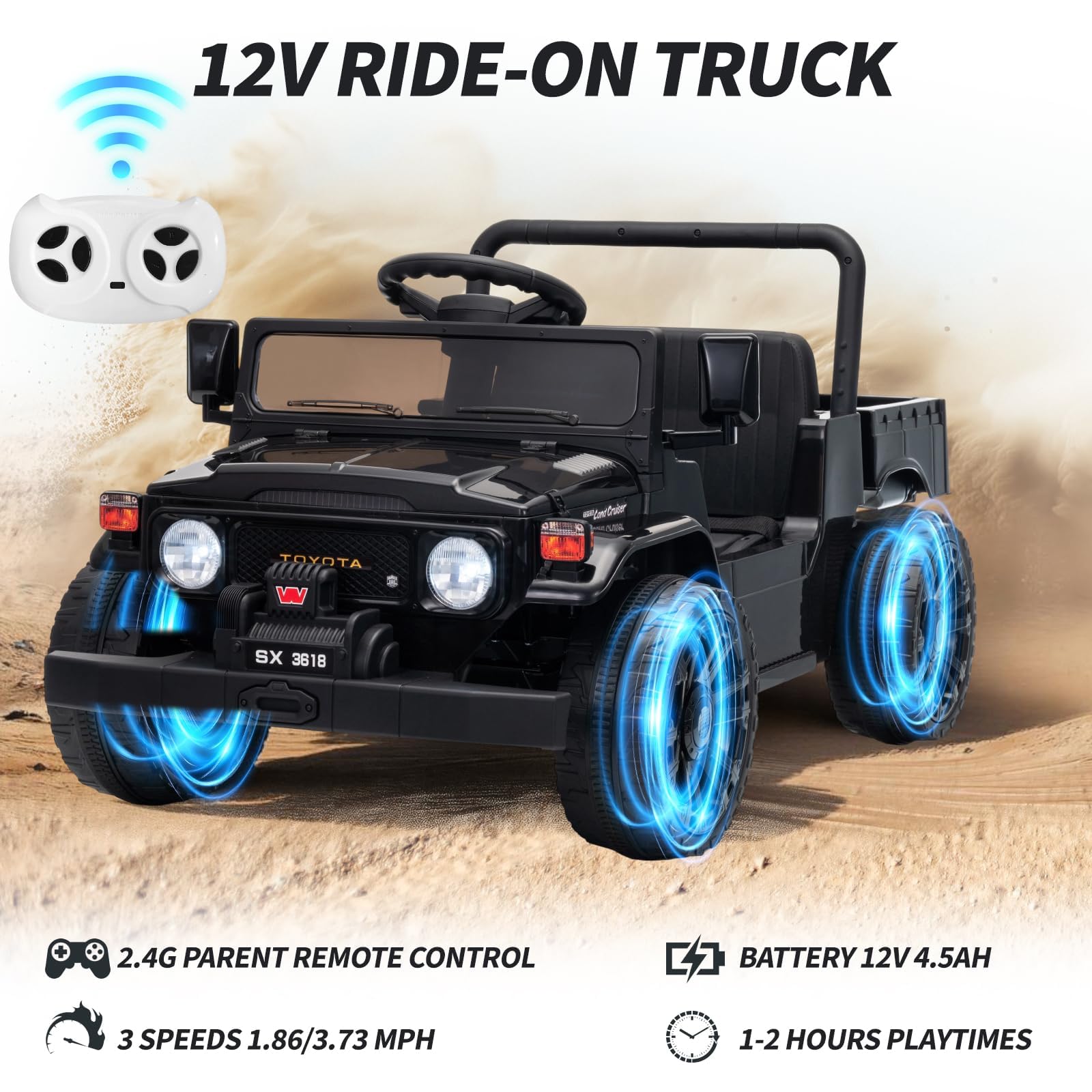 Garvee Licensed Toyota 12V 4WD Kids Electric Ride-On Pickup Truck – Battery Powered, Remote Control, wireless, LED Lights, Suspension, Soft Braking, Truck Bed Storage – For Toddlers & Big Kids – Black