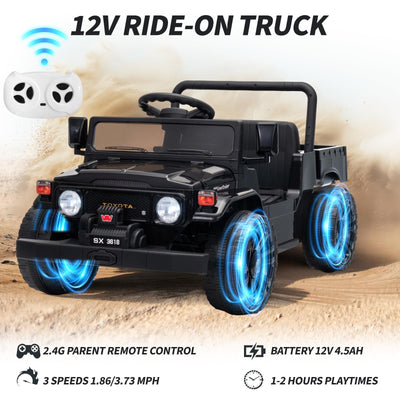 Garvee Licensed Toyota 12V 4WD Kids Electric Ride-On Pickup Truck – Battery Powered, Remote Control, wireless, LED Lights, Suspension, Soft Braking, Truck Bed Storage – For Toddlers & Big Kids – Black