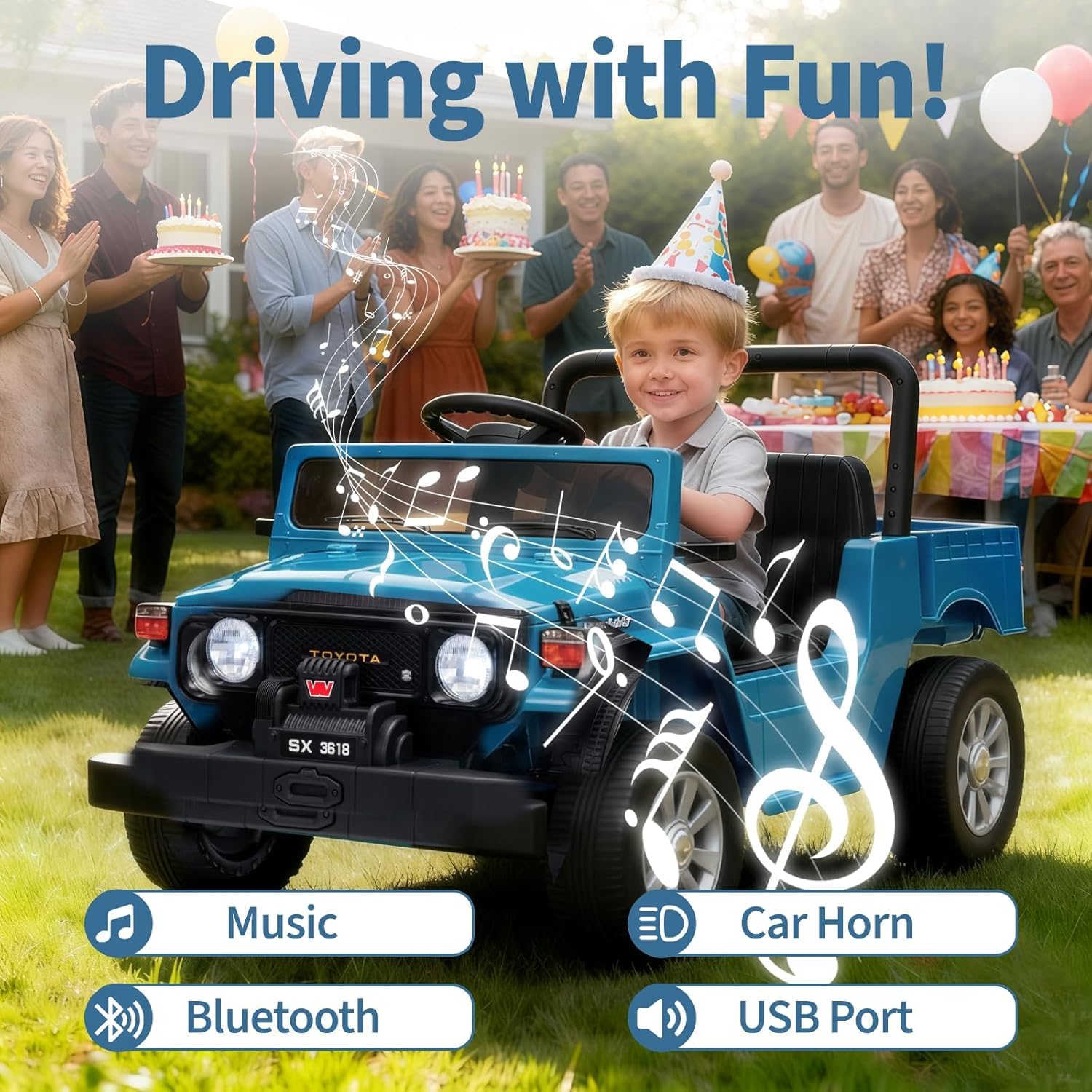 Garvee Licensed Toyota 12V 4WD Kids Ride-On Pickup Truck – Battery Powered Electric Car, Remote Control, wireless Music, LED Lights, Suspension, Soft Braking, Truck Bed Storage – For Toddlers & Big Kids – navy blue