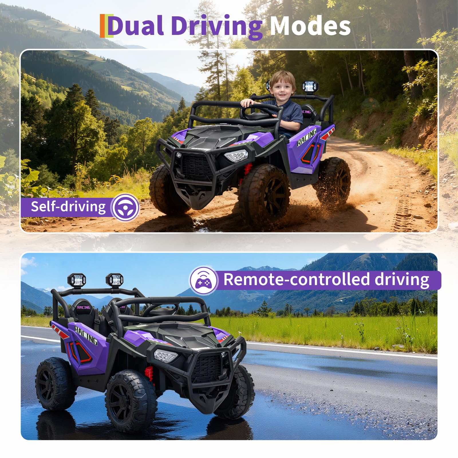 Garvee 24V 2-Seater Electric UTV Ride-On Truck for Kids Ages 2-8 – Battery Powered, Remote Control, 4-Wheel Suspension, Gradual Power-Up, 3 Speeds, LED Lights, Wireless – Purple