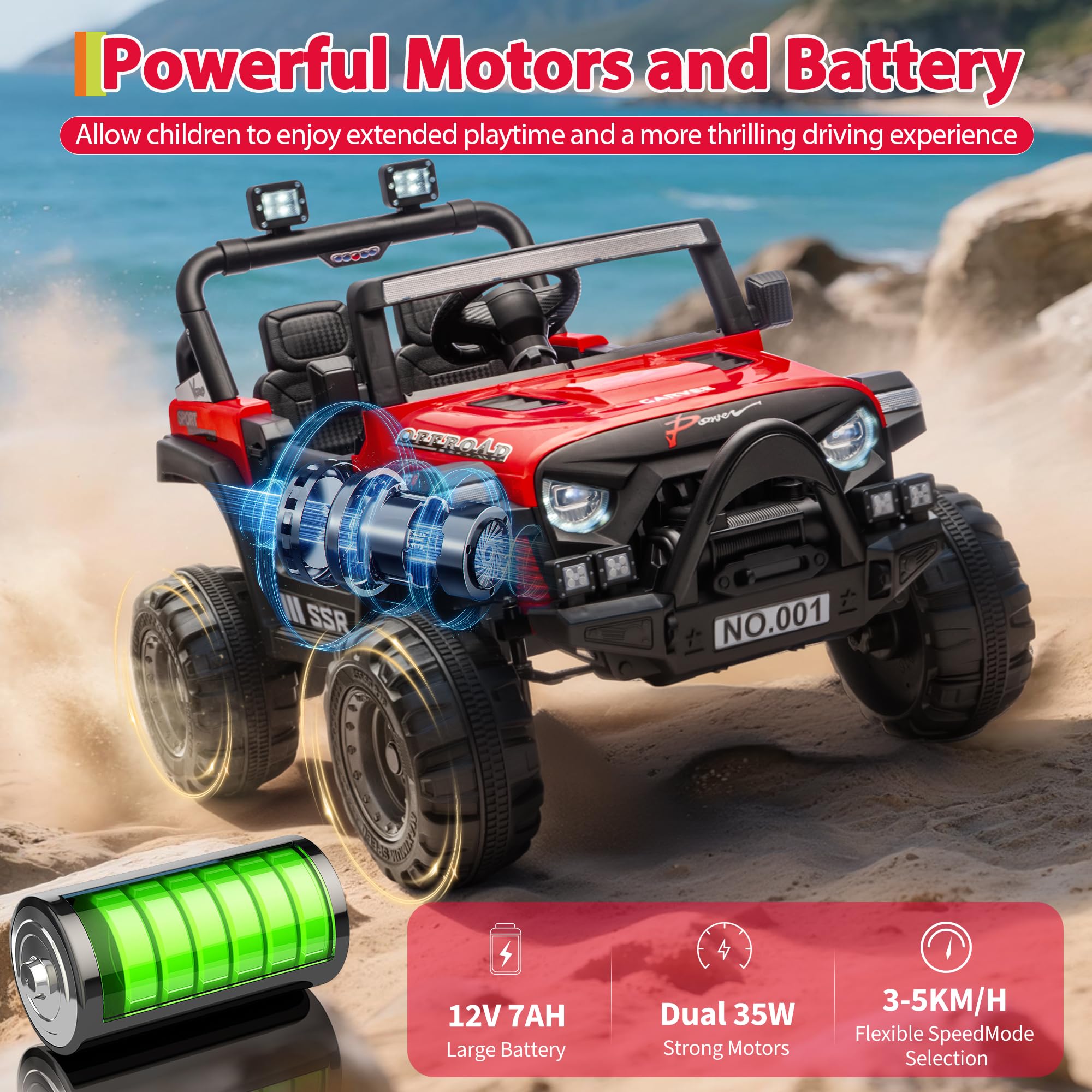 Garvee 12V Kids Electric Ride-On Car – Parent Remote Control, Spring Suspension, LED Lights, wireless Music, 3-Point Harness, Locking Doors, 3 Speeds, Battery Powered Toy Vehicle for Toddlers Boys Girls Ages 3-5 – Red