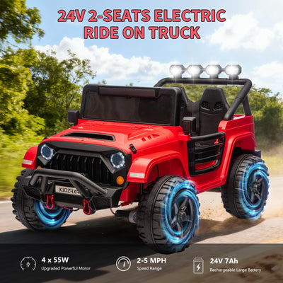 Garvee 24V 2-Seater Electric Ride On Truck for Big Kids – Parental Remote Control – 4-Wheel Suspension – 3 Speeds – LED Lights – Wireless Audio & MP3 Player – Standard Test Method/CPSIA Certified – Red
