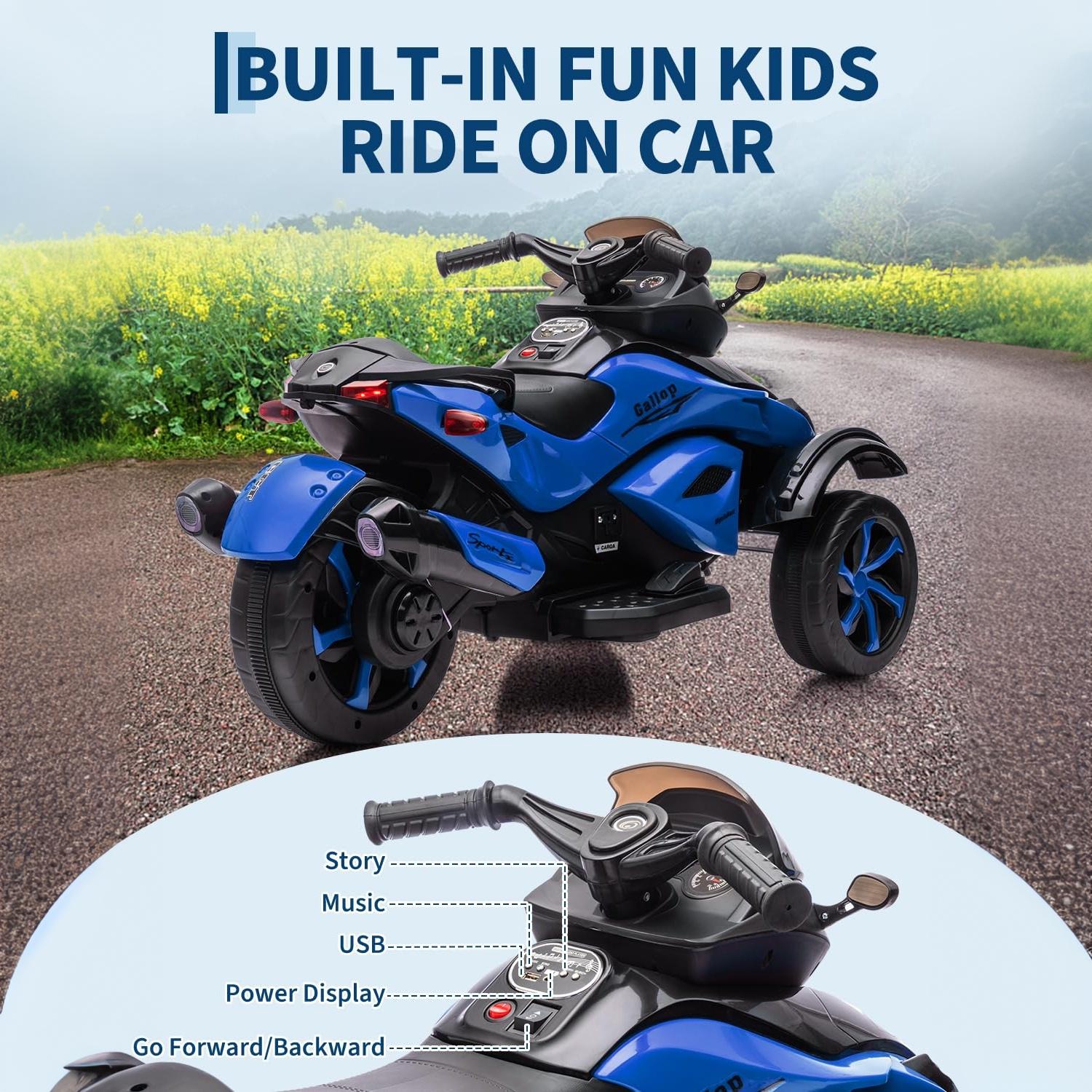 Garvee 12V Dual Motor Kids Electric Ride-On Car & 3-Wheel ATV – 4 MPH, LED Lights & Music, 66 lbs Capacity, Outdoor Off-Road Battery Powered Toy Gift for Boys & Girls Ages 3-8 – Blue