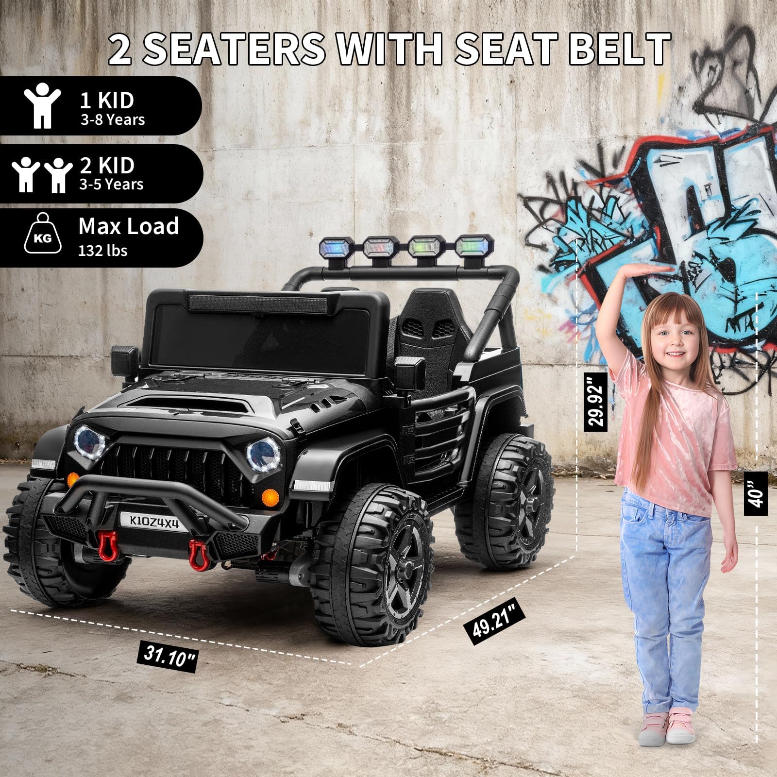 Garvee 24V 4x4 Electric Ride On Truck for Big Kids – 2 Seater Battery Powered Car – Remote Control – 3 Speeds – 4-Wheel Suspension – LED Lights – Wireless Audio Music – Gradual Start – Black