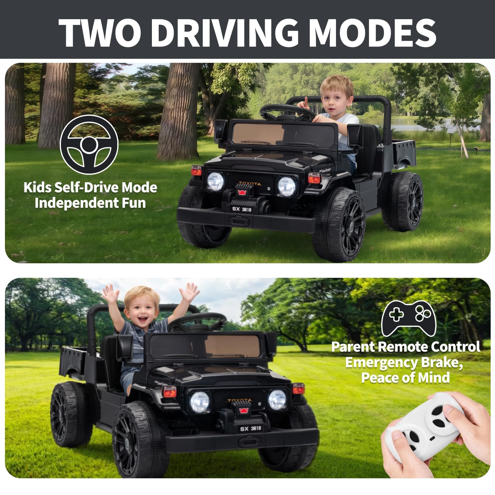 Garvee Licensed Toyota 12V 4WD Kids Electric Ride-On Pickup Truck – Battery Powered, Remote Control, wireless, LED Lights, Suspension, Soft Braking, Truck Bed Storage – For Toddlers & Big Kids – Black