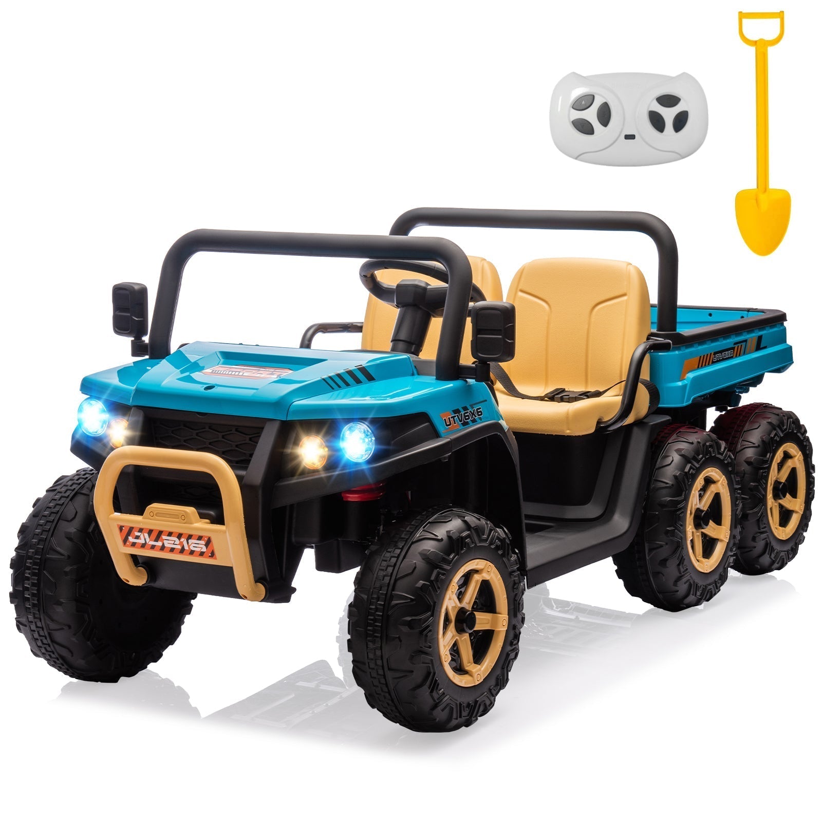 Garvee 24V 2-Seater 6-Wheel 4WD Kids Ride-On Dump Truck UTV - Parent Remote, Wireless Audio Music, LED Lights, Dump Bed, Shovel - Electric Car Toy for Big Kids - Blue