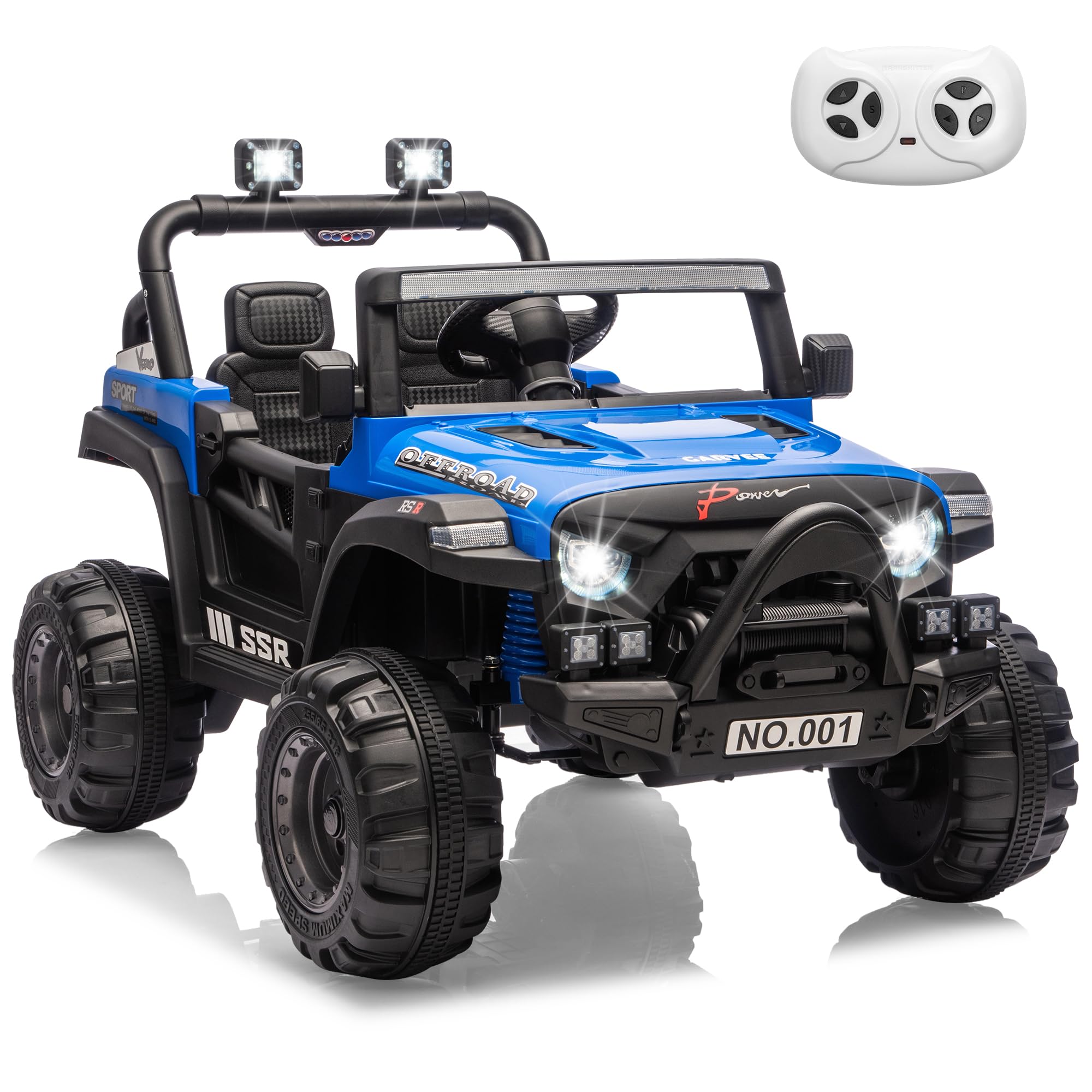 Garvee 12V Kids Electric Ride-On Car – Parent Remote Control, 3-Point Harness, Locking Doors, Spring Suspension, wireless Music, LED Lights, 3 Speeds up to 4.1MPH, Battery Powered Toy Vehicle for Toddlers Boys Girls – Blue