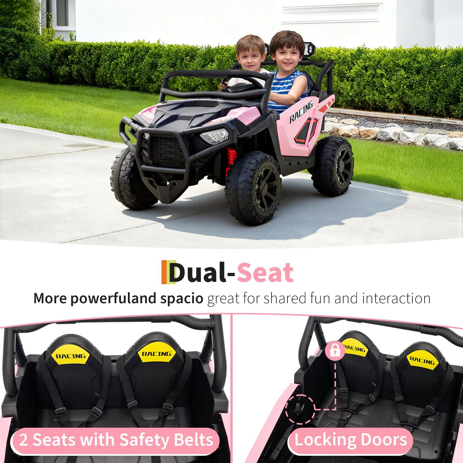 Garvee 24V 2-Seater Electric UTV Ride-On Truck for Kids Ages 2-8 – Battery Powered, Remote Control, 4-Wheel Suspension, Gradual Power-Up, 3 Speeds, LED Lights, Wireless – Pink