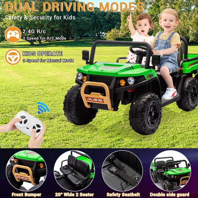 Garvee 24V 2-Seater 6-Wheel 4WD Kids Electric Dump Truck Ride-On UTV - Parental Remote, Wireless Audio Music, LED Lights, Electric Dump Bed, Shovel - Off-Road Toy for Big Kids - Green