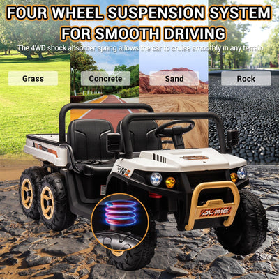 Garvee 24V 2-Seater 6-Wheel 4WD Kids Ride-On UTV Dump Truck - Parent Remote Control, Wireless Audio Music, LED Lights, Electric Dump Bed, Shovel - Electric Ride-On Car for Big Kids - White