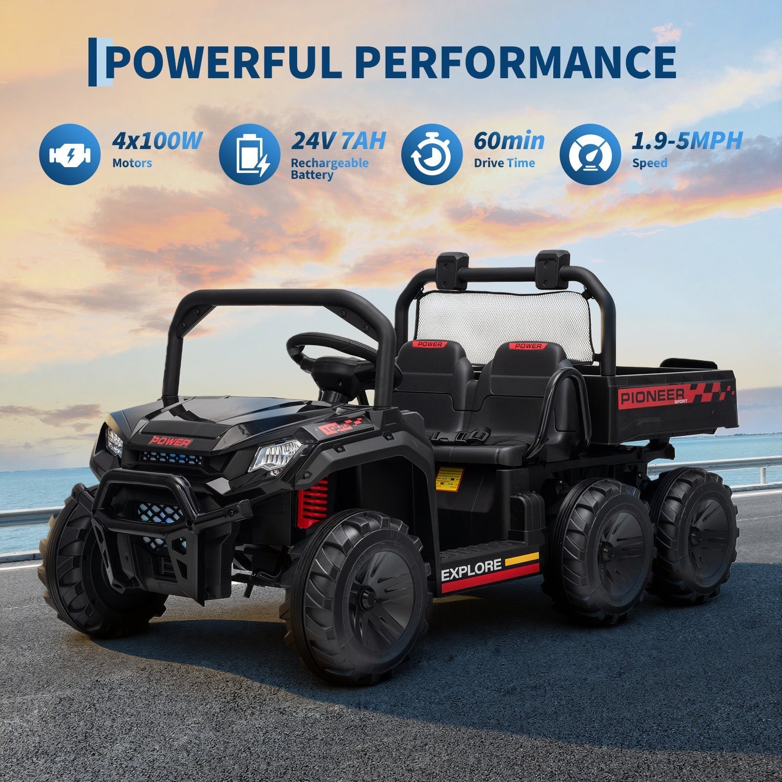 Garvee 24V 4WD Electric Ride on Dump Truck for Kids, 2 Seater with Remote Control, Dump Bed, 3 Speed Modes, Music Player, All-Terrain Off-Road Vehicle Toy for Boys & Girls