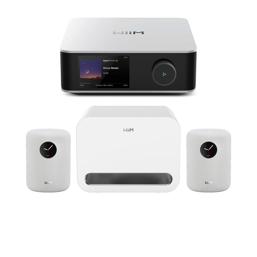 WiiM AMP ULTRA Streaming Amp Silver with WiiM Sound Mulitroom Speakers Pair & Sub Pro Subwoofer White HiFi Package