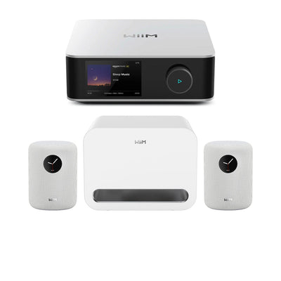 WiiM AMP ULTRA Streaming Amp Silver with WiiM Sound Mulitroom Speakers Pair & Sub Pro Subwoofer White HiFi Package