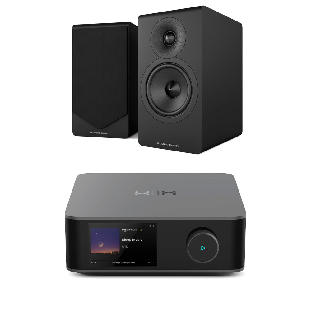 WiiM Amp Ultra Streaming Amplifier Space Grey with Acoustic Energy AE300 MKII Bookshelf Speakers Black