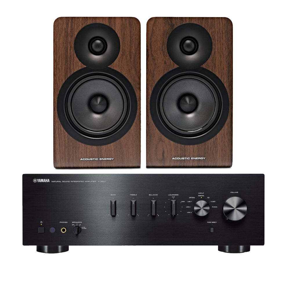 Yamaha AS501 Integrated Stereo Amplifier with Acoustic Energy AE100 MK2 Bookshelf Speakers Pair Walnut HiFi Package